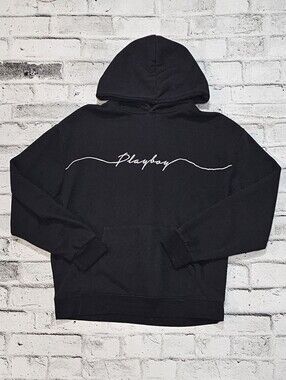Playboy Black Pullover Hoodie Bunny Logo Script Graphic Sweatshirt XL